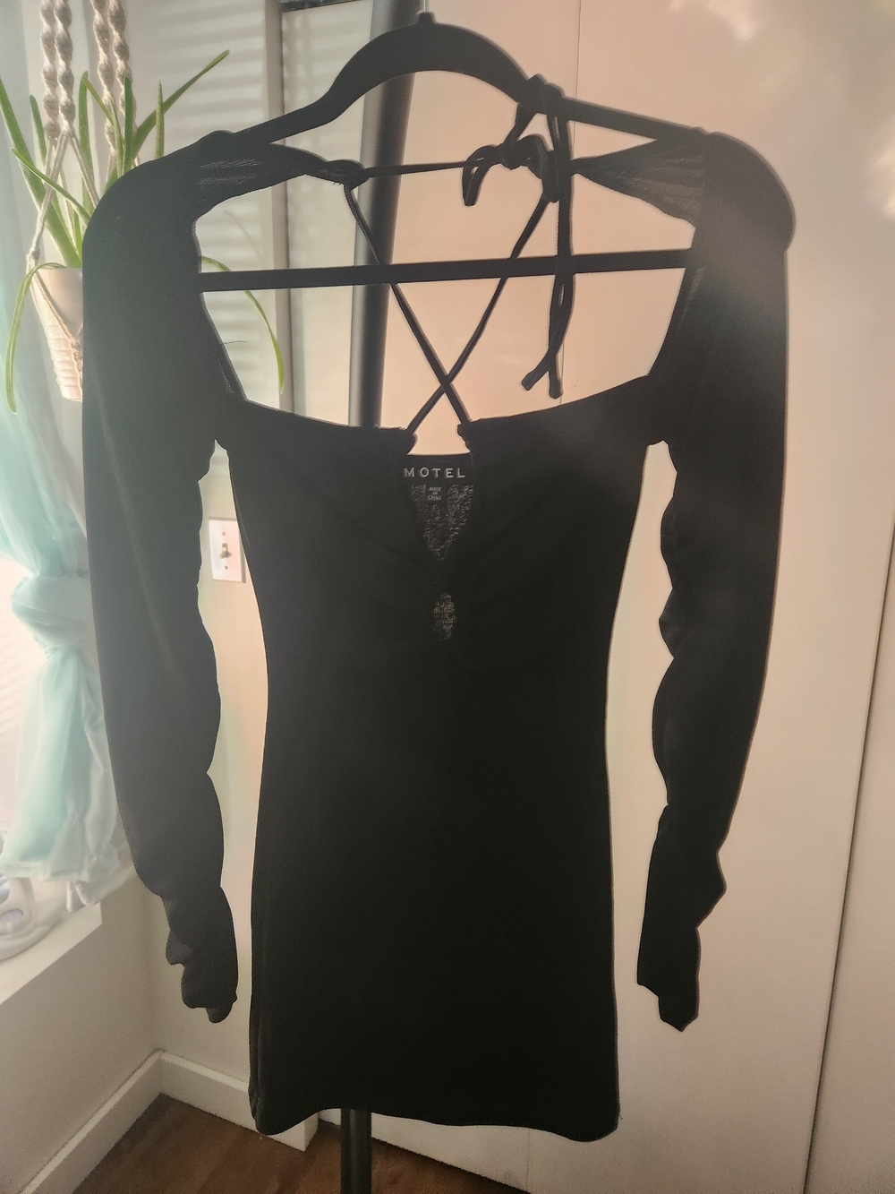 Motel Rocks Black Long Sleeve Square Neck Mini Dress with Tie Back